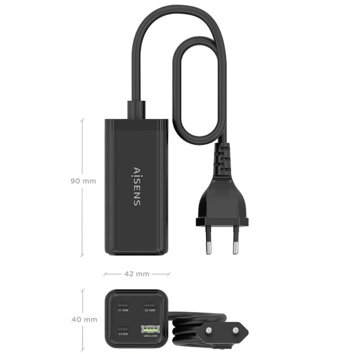 AISENS Cargador de Sobremesa GaN 100W con 3xUSB-C y 1xUSB-A, Negro